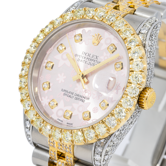 Rolex Datejust 36MM 116233 Pink Floral Diamond Dial Diamond Bezel Two Tone Yellow Gold Semi Diamond Jubilee Bracelet
