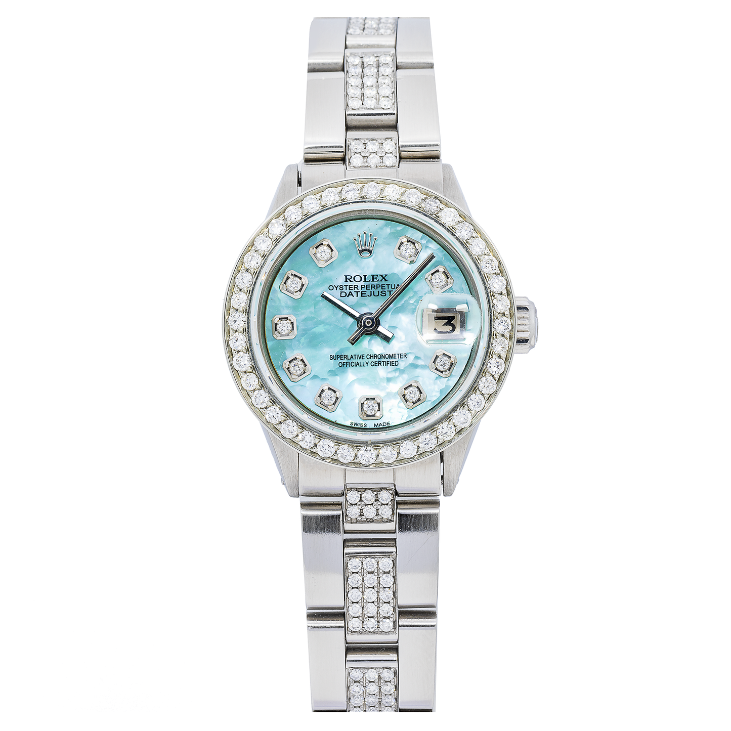 Rolex Datejust 26MM 69160 Blue Mother of Pearl Diamond Dial Diamond Bezel Stainless Steel Semi Diamond Oyster Bracelet