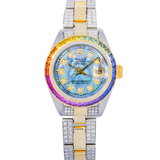 Rolex Datejust 26MM 69173 Blue Mother of Pearl Diamond Dial Rainbow Gemstone Bezel Two Tone Yellow Gold Semi Diamond Oyster Bracelet