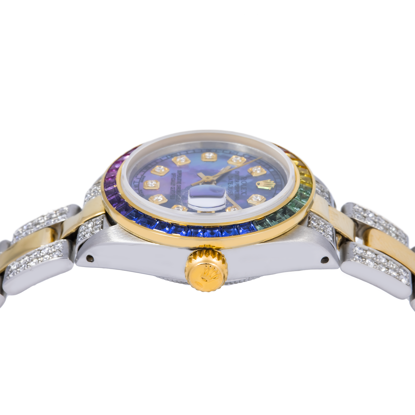 Rolex Datejust 26MM 6917 Blue Mother of Pearl Diamond Dial Rainbow Gemstone Bezel Two Tone Yellow Gold Semi Diamond Oyster Bracelet