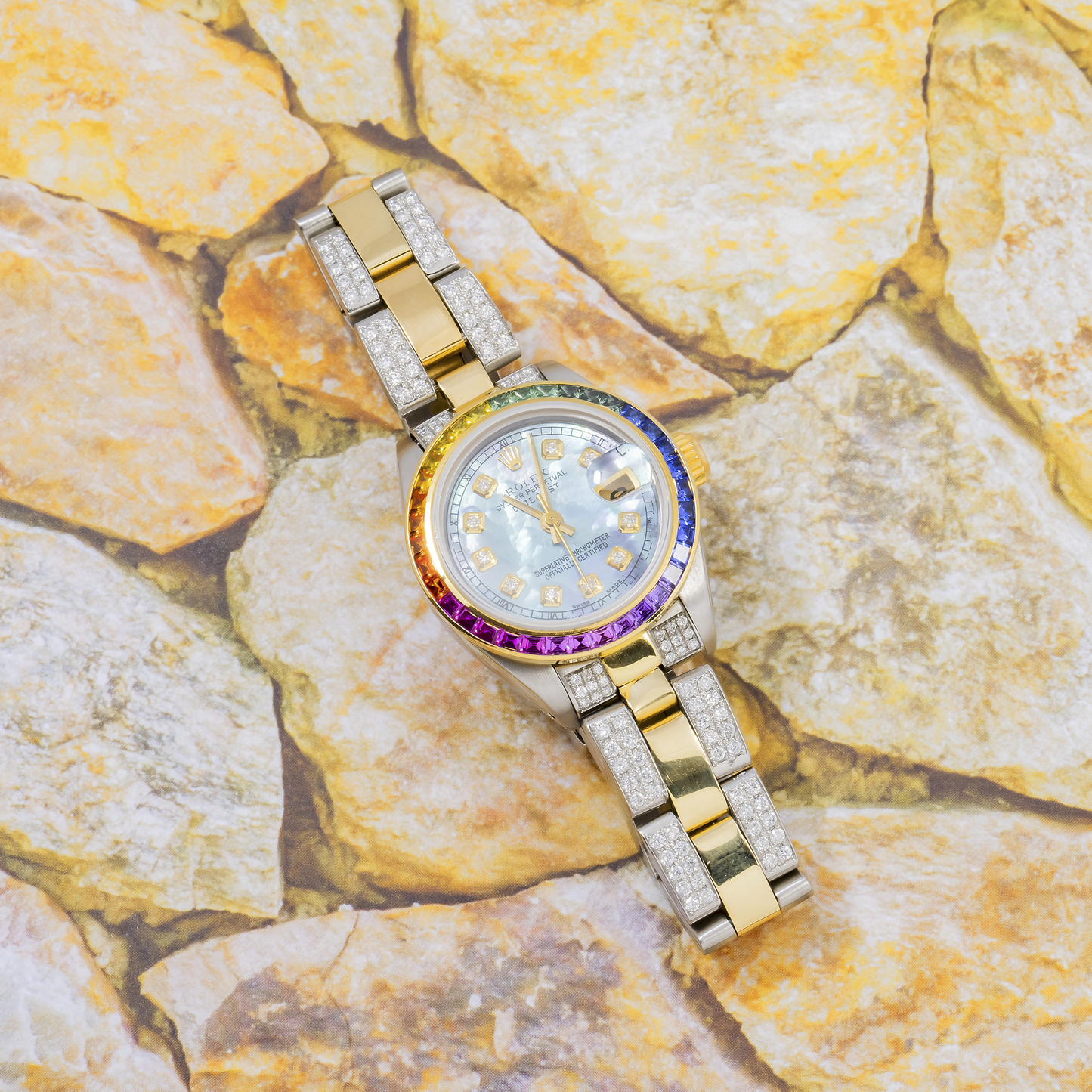 Rolex Datejust 26MM 6917 Blue Mother of Pearl Diamond Dial Rainbow Gemstone Bezel Two Tone Yellow Gold Semi Diamond Oyster Bracelet