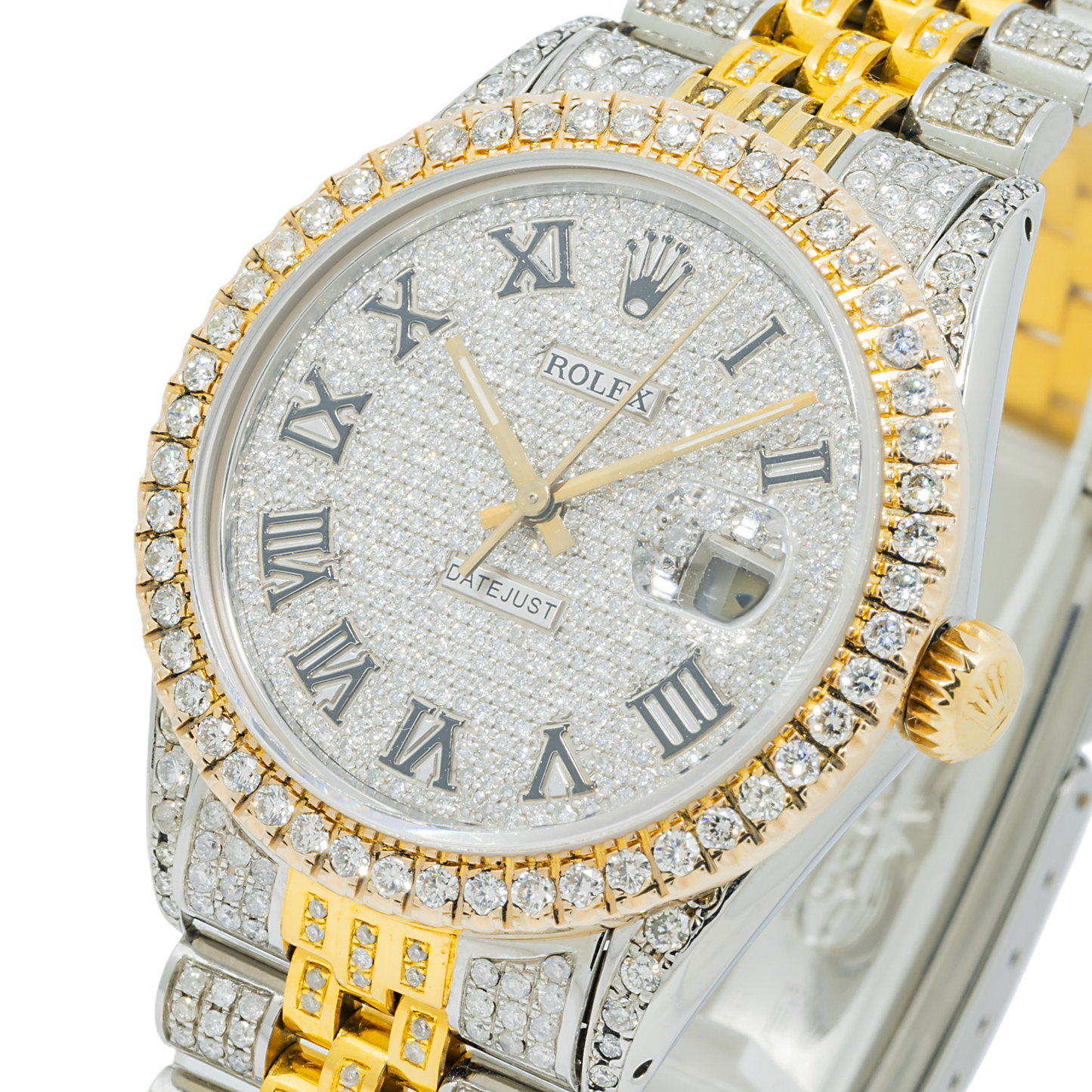 Rolex Datejust 36MM 16013 Diamond Paved Roman Dial Diamond Bezel Two Tone Yellow Gold Full Diamond Jubilee Bracelet
