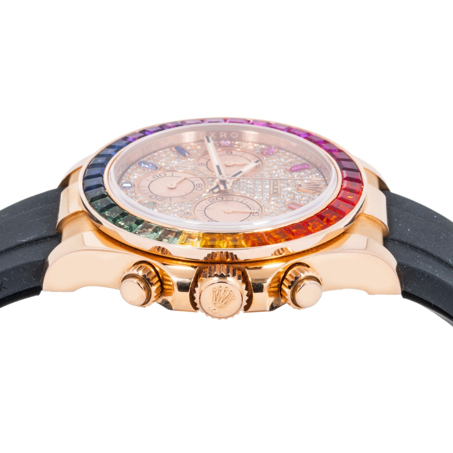 Rolex Cosmograph Daytona 40MM 116515LN Diamond Paved Rainbow Hour Dial Rainbow Gemstone Bezel Black Oysterflex Strap