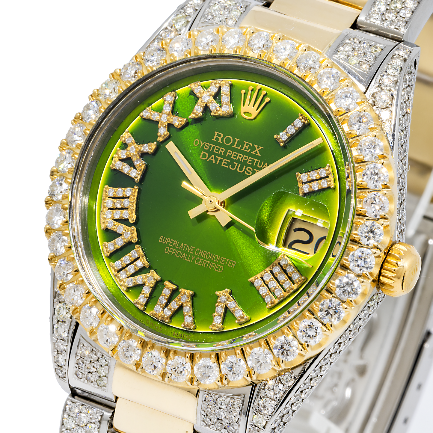 Rolex Datejust 36MM 16233 Green Roman Diamond Dial Diamond Bezel Two Tone Yellow Gold Semi Diamond Oyster Bracelet