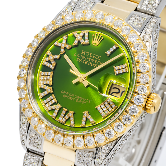 Rolex Datejust 36MM 16233 Green Roman Diamond Dial Diamond Bezel Two Tone Yellow Gold Semi Diamond Oyster Bracelet