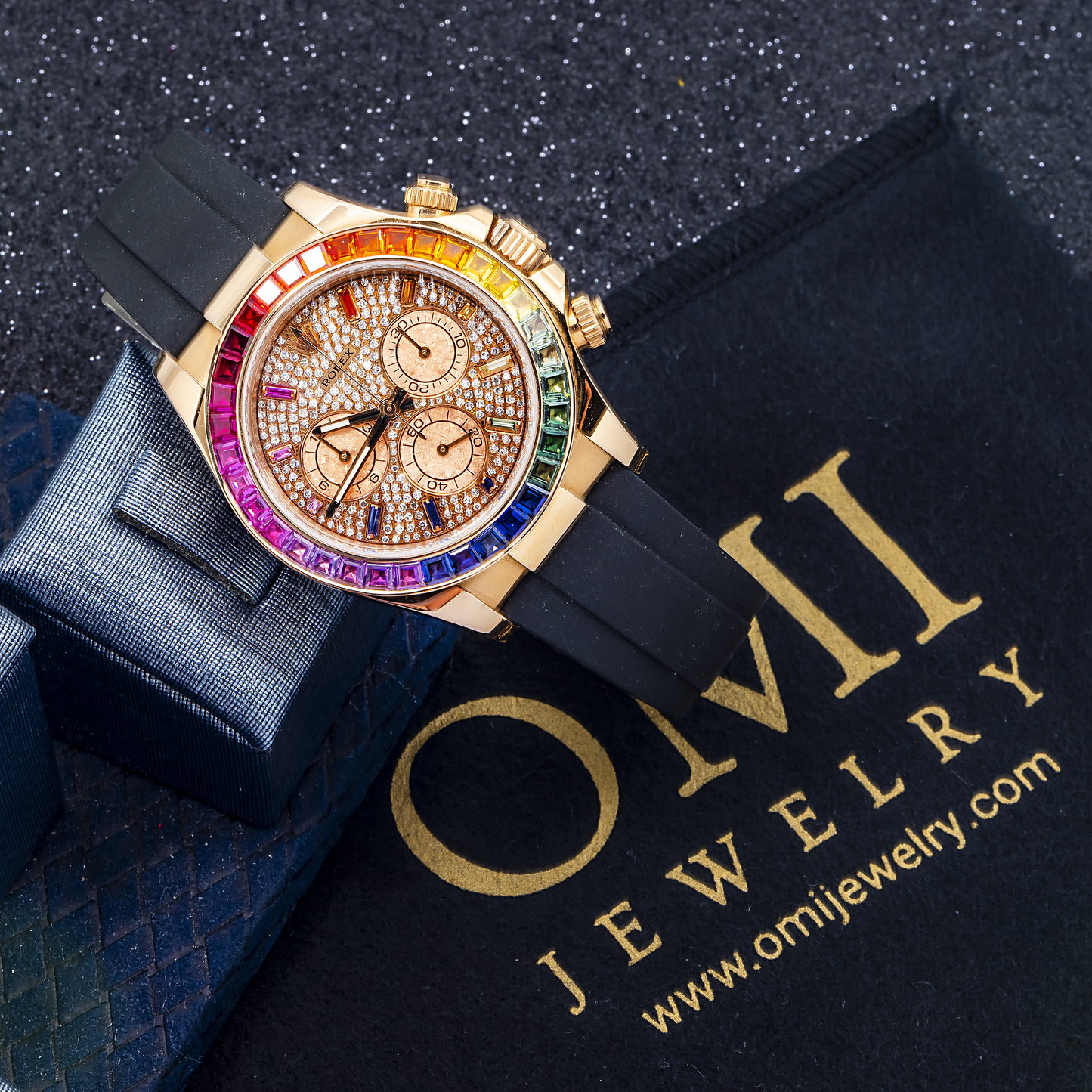 Rolex Cosmograph Daytona 40MM 116515LN Diamond Paved Rainbow Hour Dial Rainbow Gemstone Bezel Black Oysterflex Strap