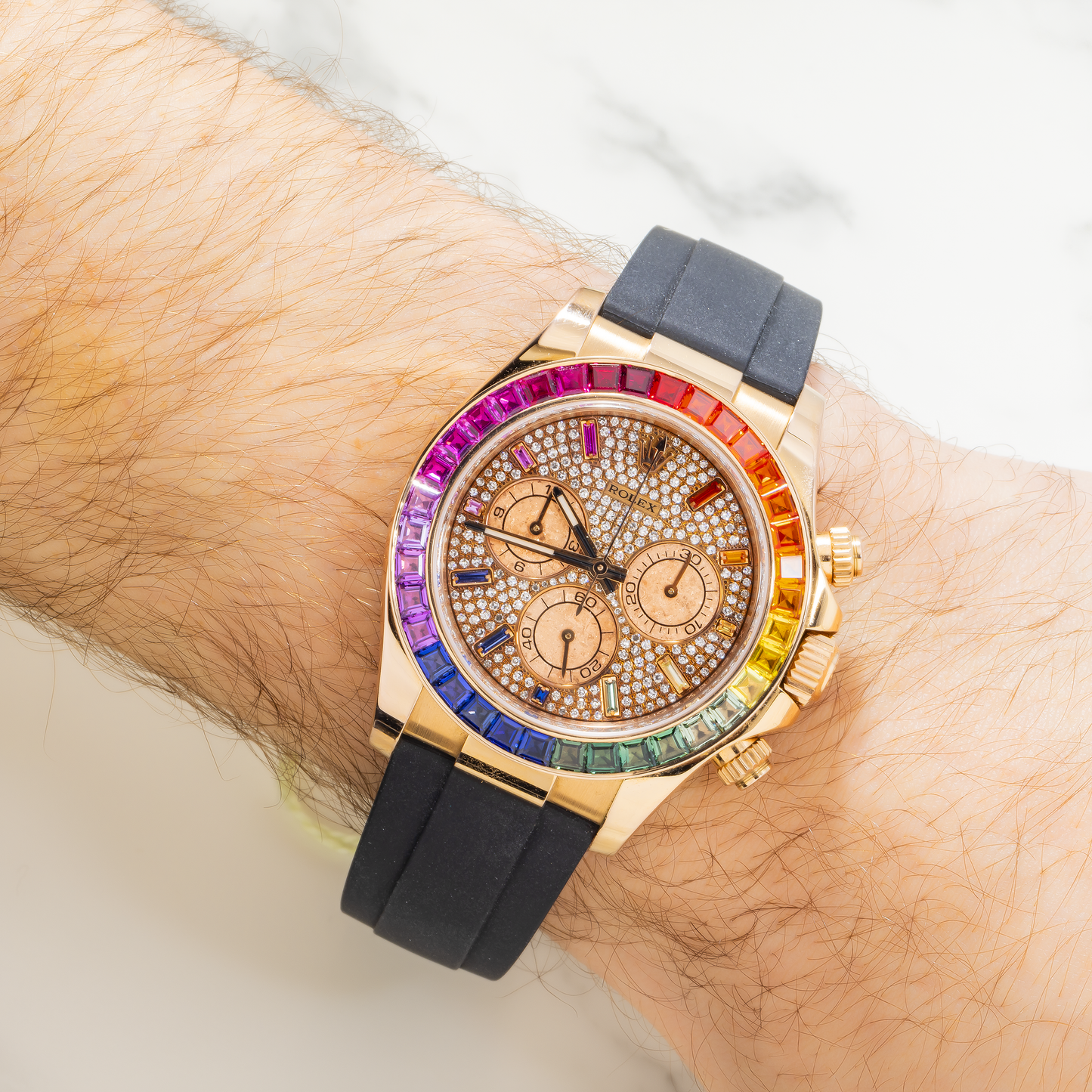 Rolex Cosmograph Daytona 40MM 116515LN Diamond Paved Rainbow Hour Dial Rainbow Gemstone Bezel Black Oysterflex Strap