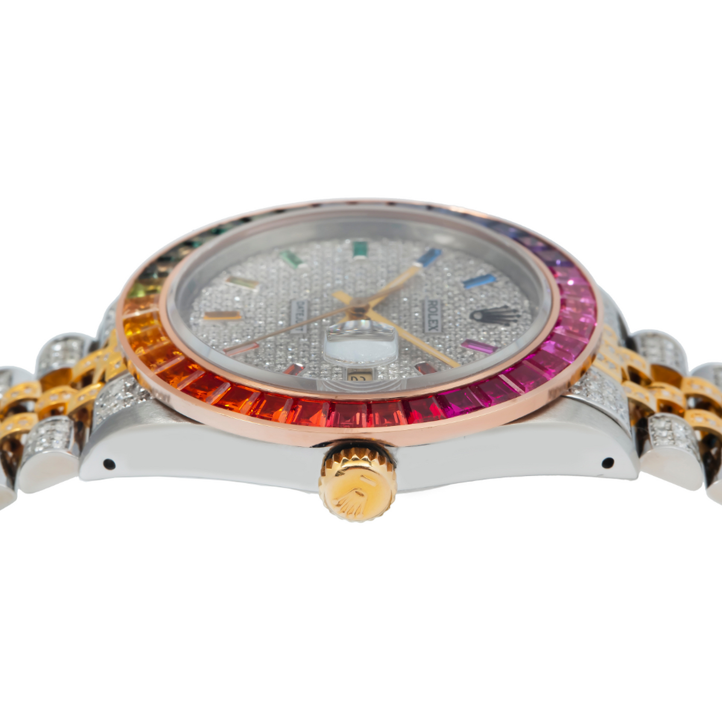 Rolex Datejust 36MM 16013 Diamond Paved Rainbow Hour Dial Rainbow Gemstone Bezel Two Tone Yellow Gold Full Diamond Jubilee Bracelet